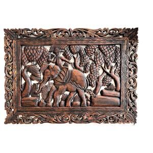Hand Carved Vintage All Wood Artwork Thailand Elephant Native Scene Asian